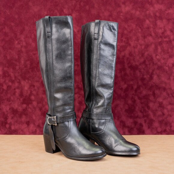 Frye Women Malor Black Leather Western Belted Fashion Knee...
